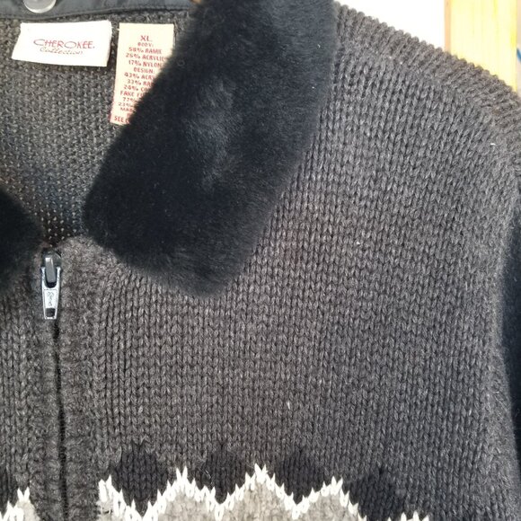 Vintage Snowflake Cardigan Sweater Size XL Zip Up Faux Fur Collar Nordic Design - Picture 2 of 8